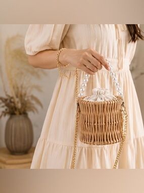 Boho Woven Bucket Bag with Pearl Handle | Rattan Crossbody Bag | Summer Beach
